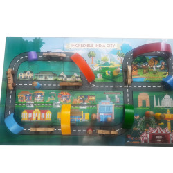 Incredible India City Rainbow Stacker Wooden Jigsaw Puzzle Mat Indian Theme with Road Tracks, 7 Different Design Wooden Cars, 7 Wooden Peg Dolls & 7 Pcs Rainbow Stacker