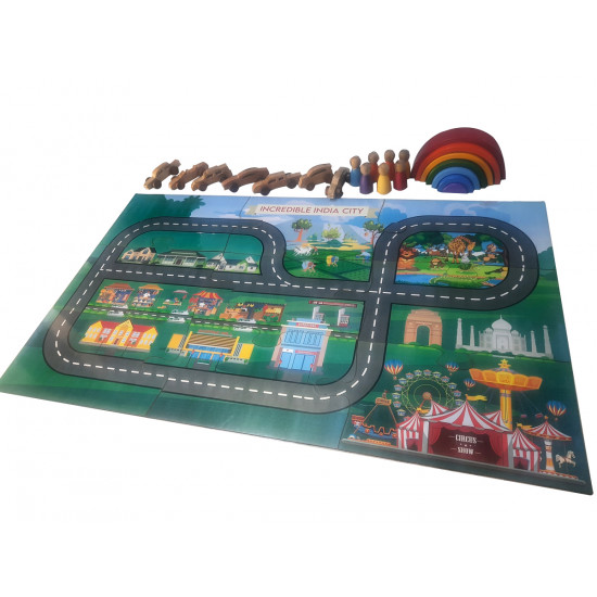Incredible India City Rainbow Stacker Wooden Jigsaw Puzzle Mat Indian Theme with Road Tracks, 7 Different Design Wooden Cars, 7 Wooden Peg Dolls & 7 Pcs Rainbow Stacker