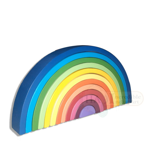 Large Wooden Sunset Rainbow Stacker Toy, Waldorf Rainbow Stacker, Rainbow Wooden Puzzle, Nursery, Montessori Toys, 12 Pcs rainbow Stacker, Blue Shade