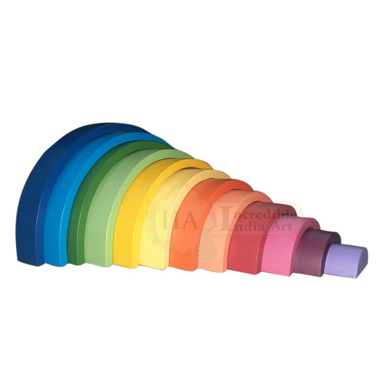 Large Wooden Sunset Rainbow Stacker Toy, Waldorf Rainbow Stacker, Rainbow Wooden Puzzle, Nursery, Montessori Toys, 12 Pcs rainbow Stacker, Blue Shade